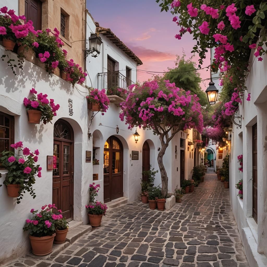 In a serene Mediterranean village at twilight, narrow cobble...