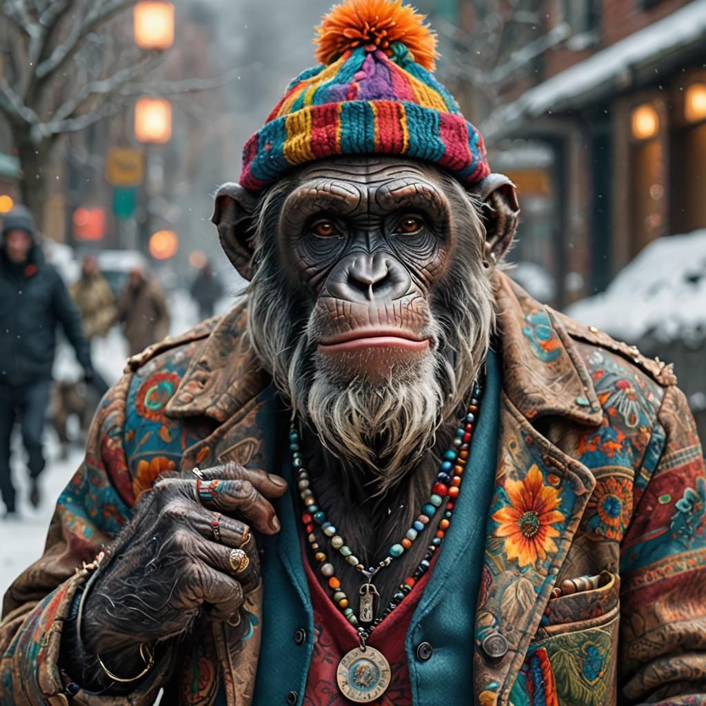 a hyper-realistic elderly chimpanzee with a long scruffy beard, intricate details on his face very accentuated ...  by @Voizin 
