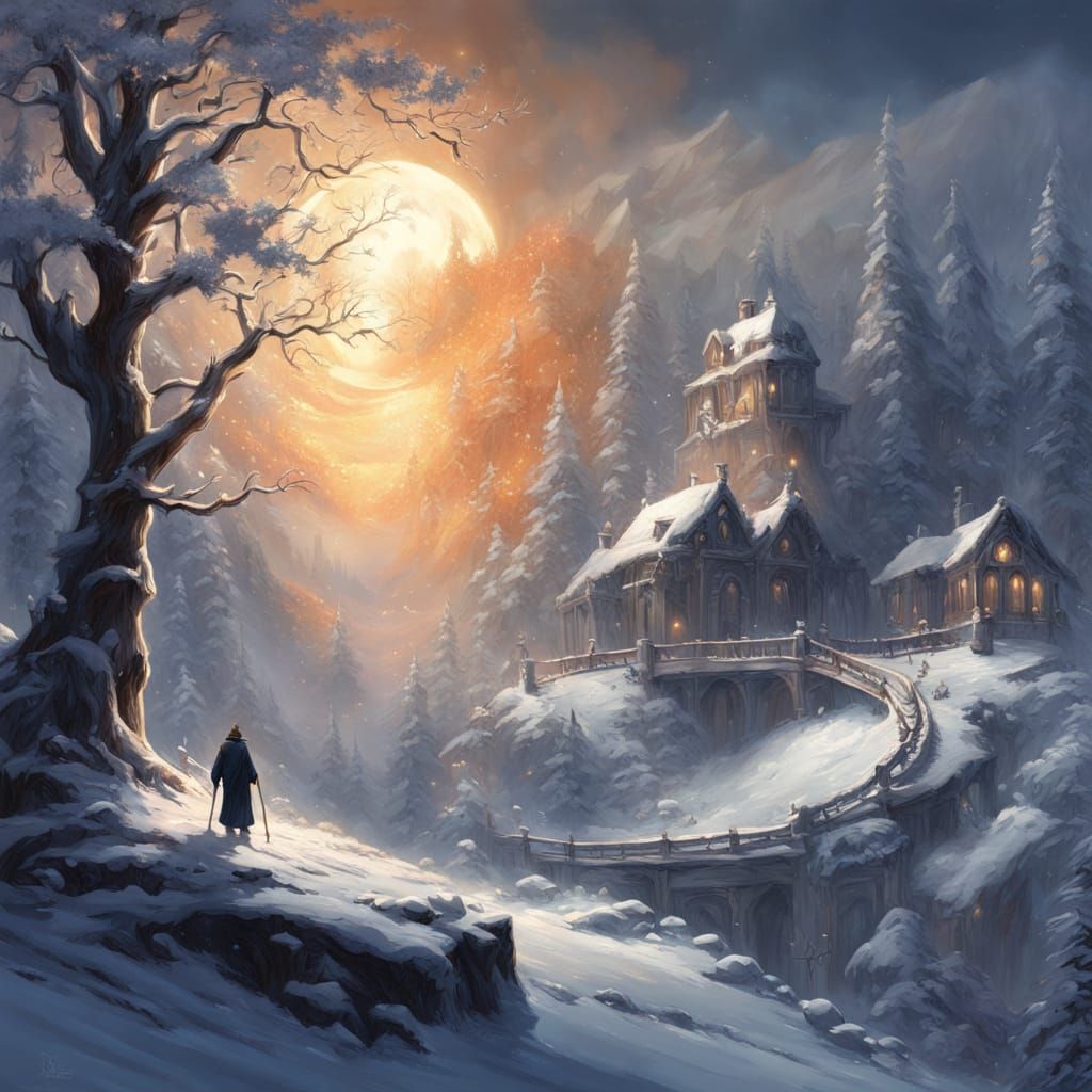 The central element is a large golden-orange crescent moon, covered in cracks and dark shadows, giving it an earthy or aged appearance. It i...