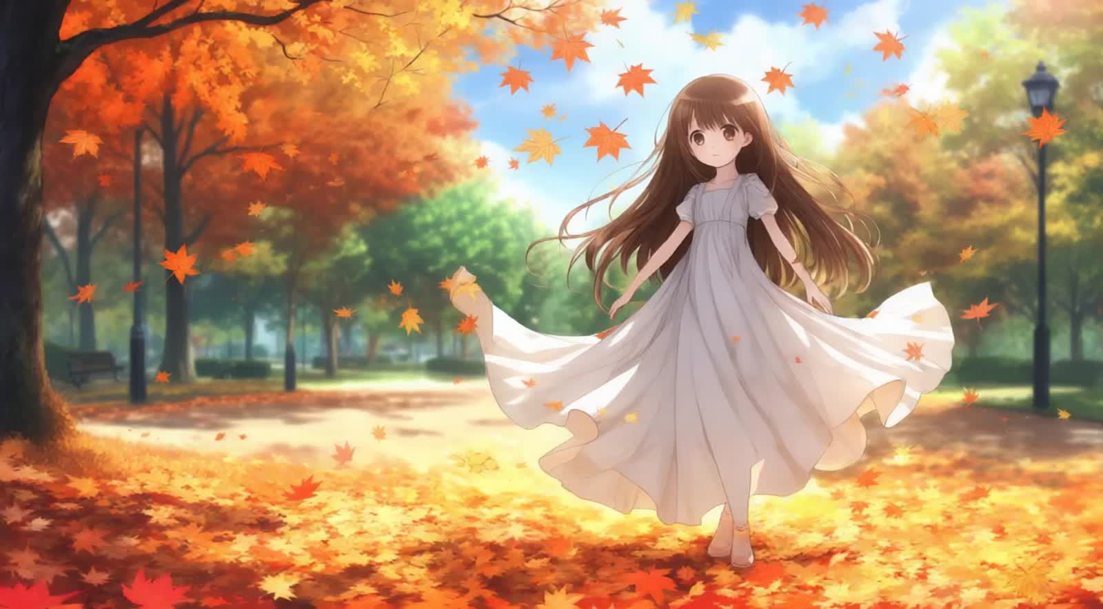 The girl in the photo should be spinning while dancing, and autumn leaves are falling.
