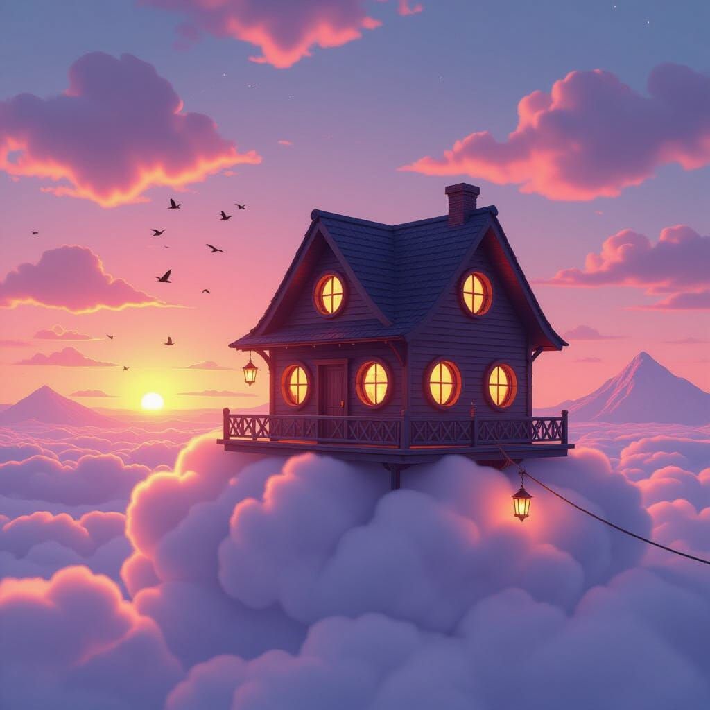 Magical Wooden House on Cloud at Sunset