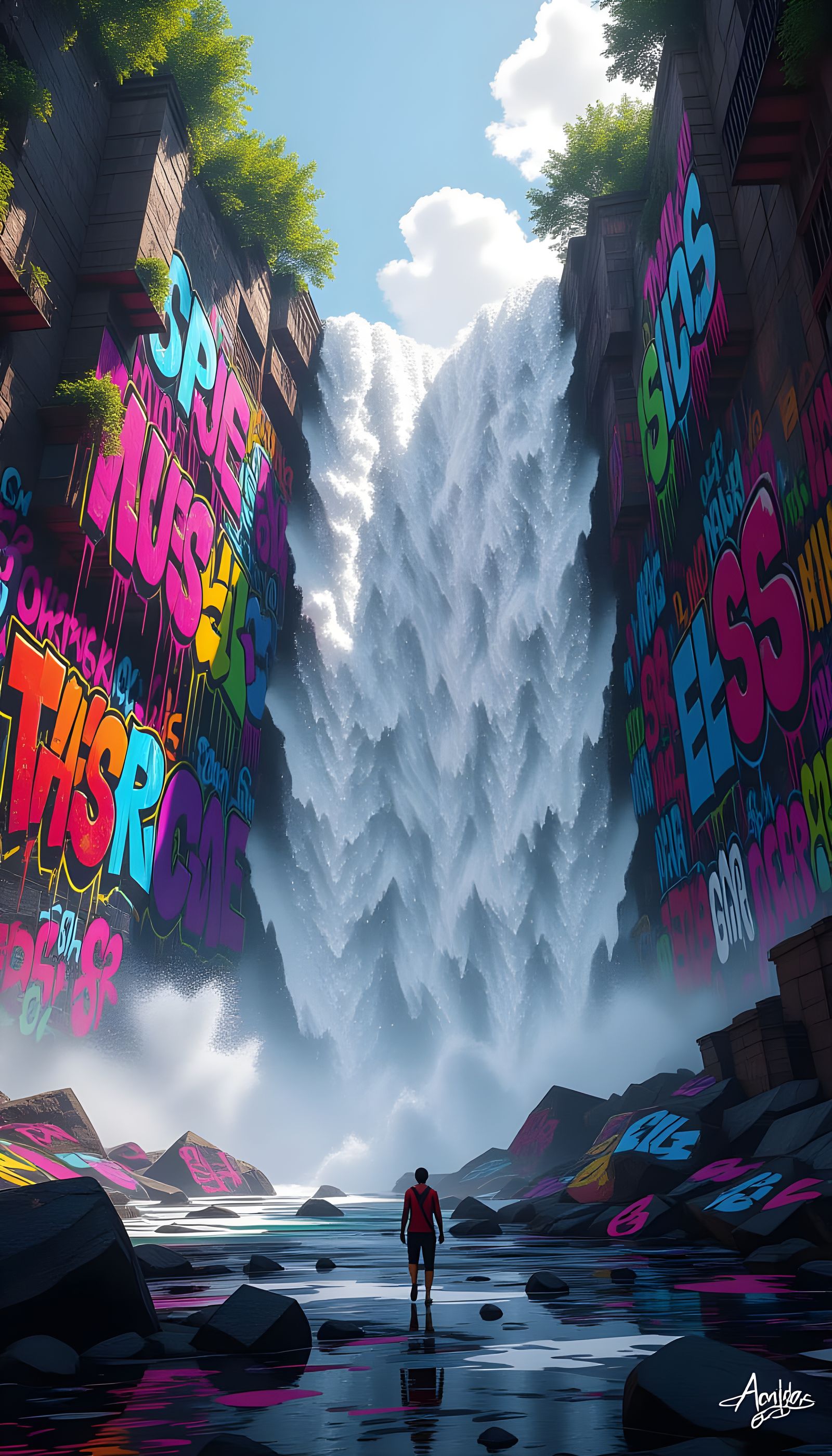 Vibrant Graffiti Art Depicting Waterfall Destruction