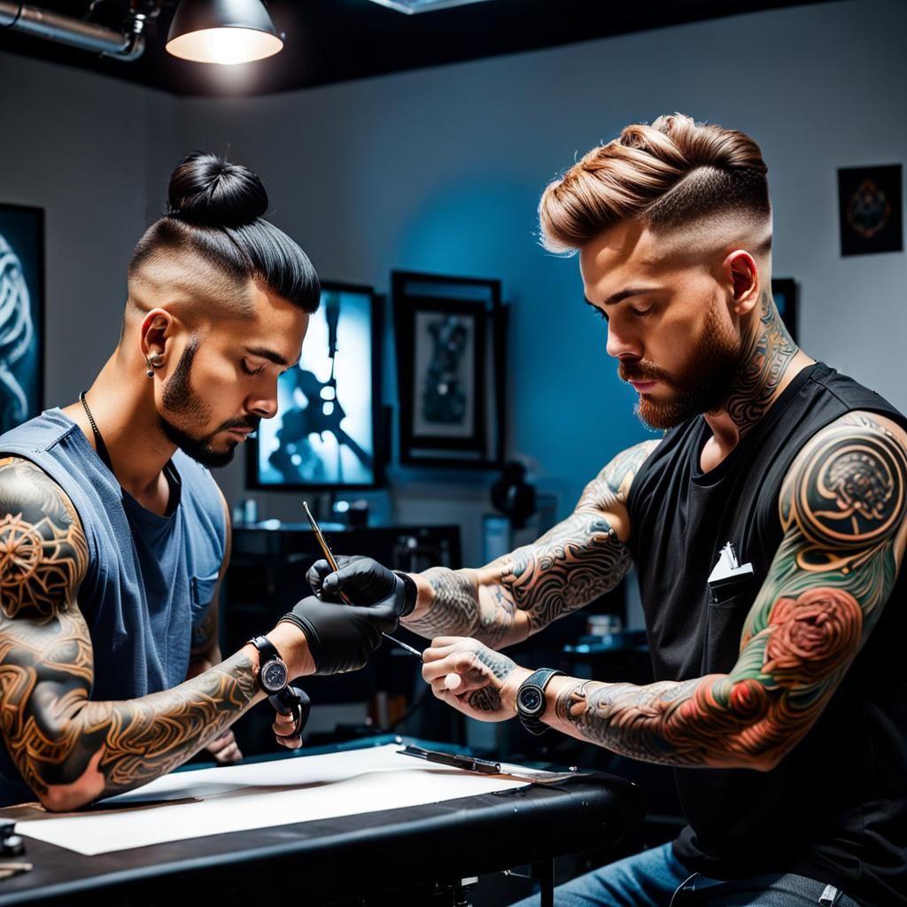A tattoo artist  demonstrates,  in his studio,   to a studen...