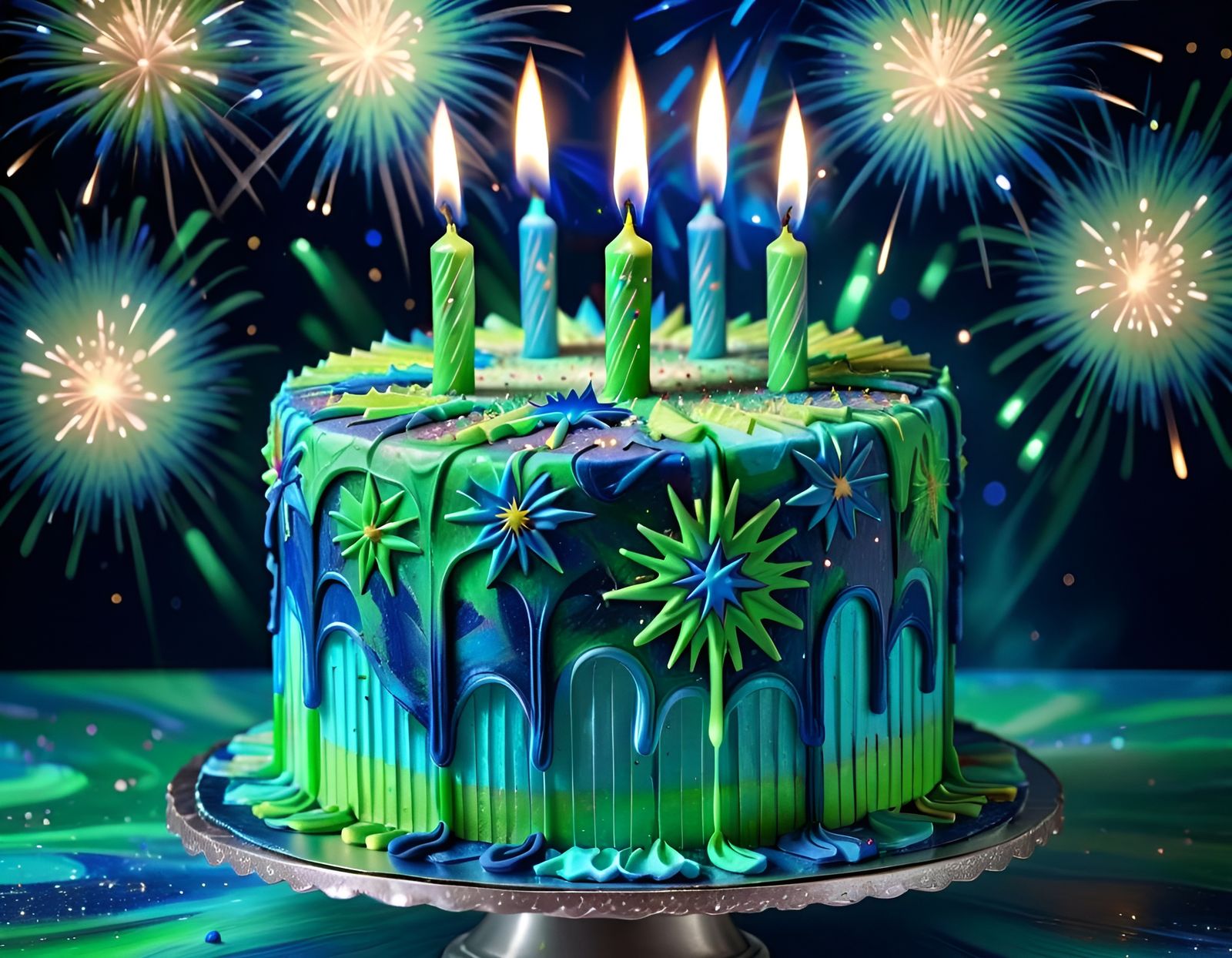 Cake decorated in blue and green designs with a firecracker candle