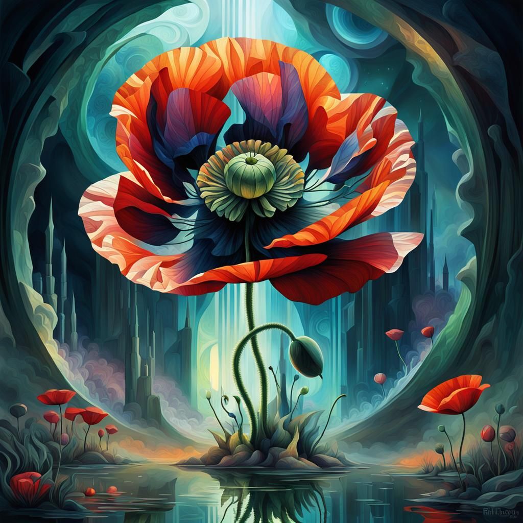 Ethereal Crystalline Metamorphosis Cubism, a poppy entering a magical portal to an alien world, mystic ...  by @Olympia