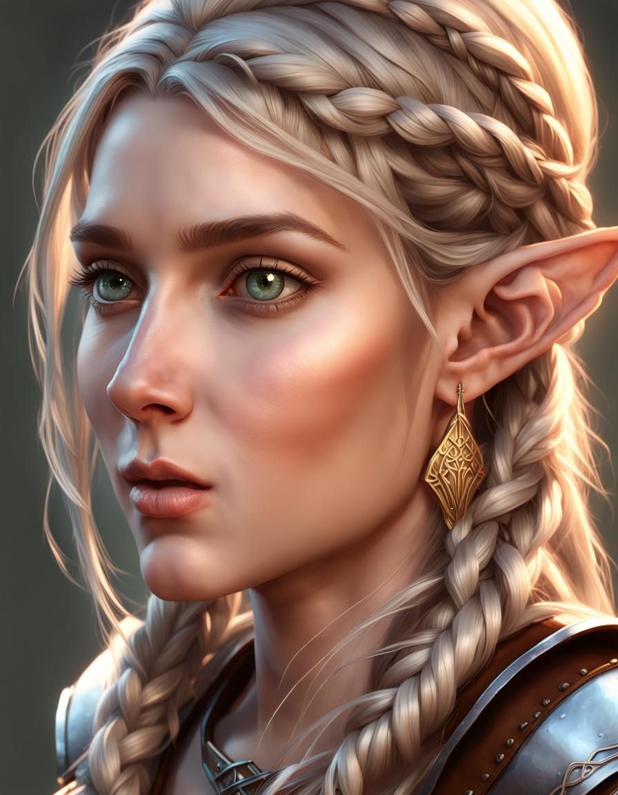 Portrait. Female Elf. Blonde Braided Hair. Gold Eyes. Silver Earrings 