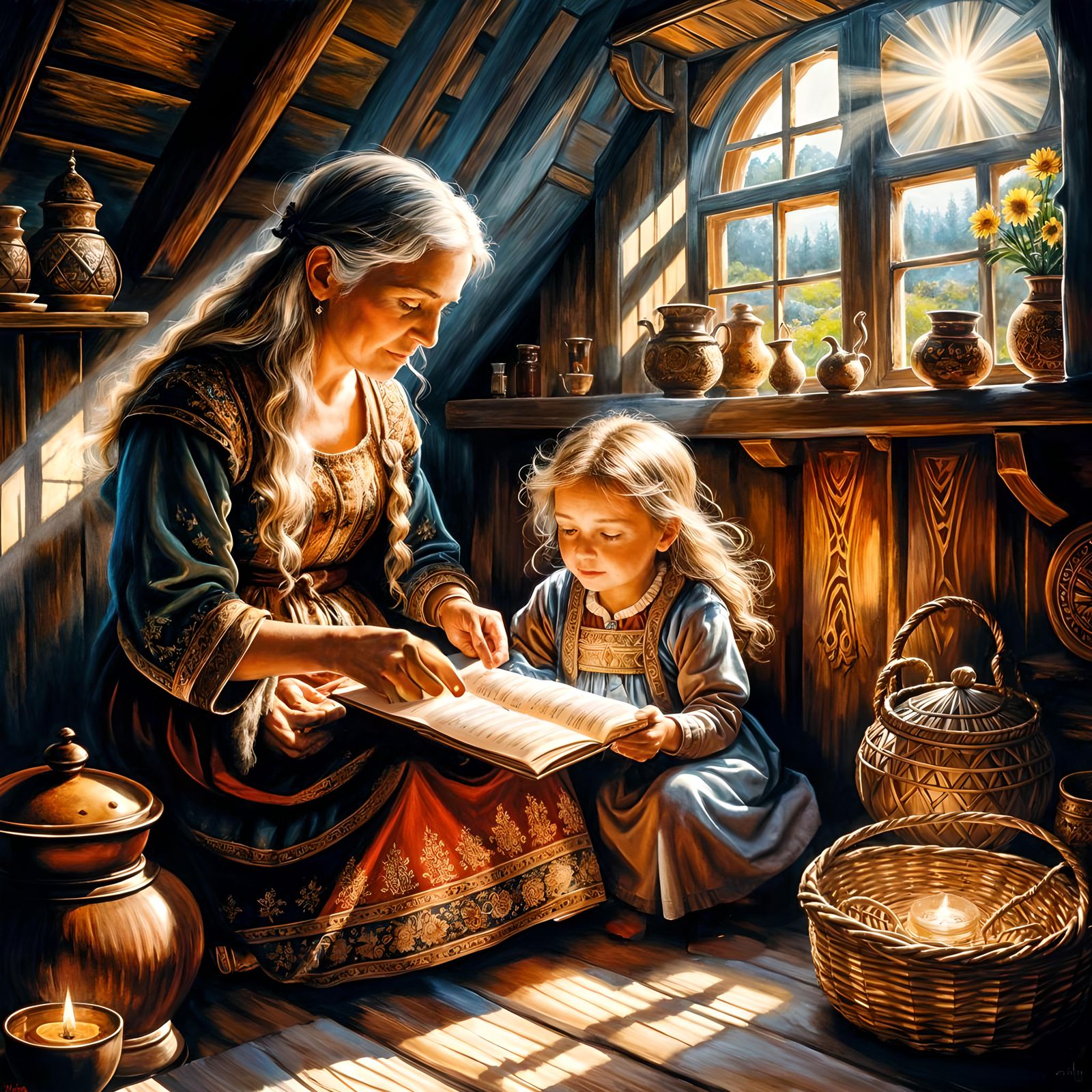 In an old-fashioned cottage a Wise Old Woman teaches her granddaughter Folk Magic.  by @Alex Sumner
