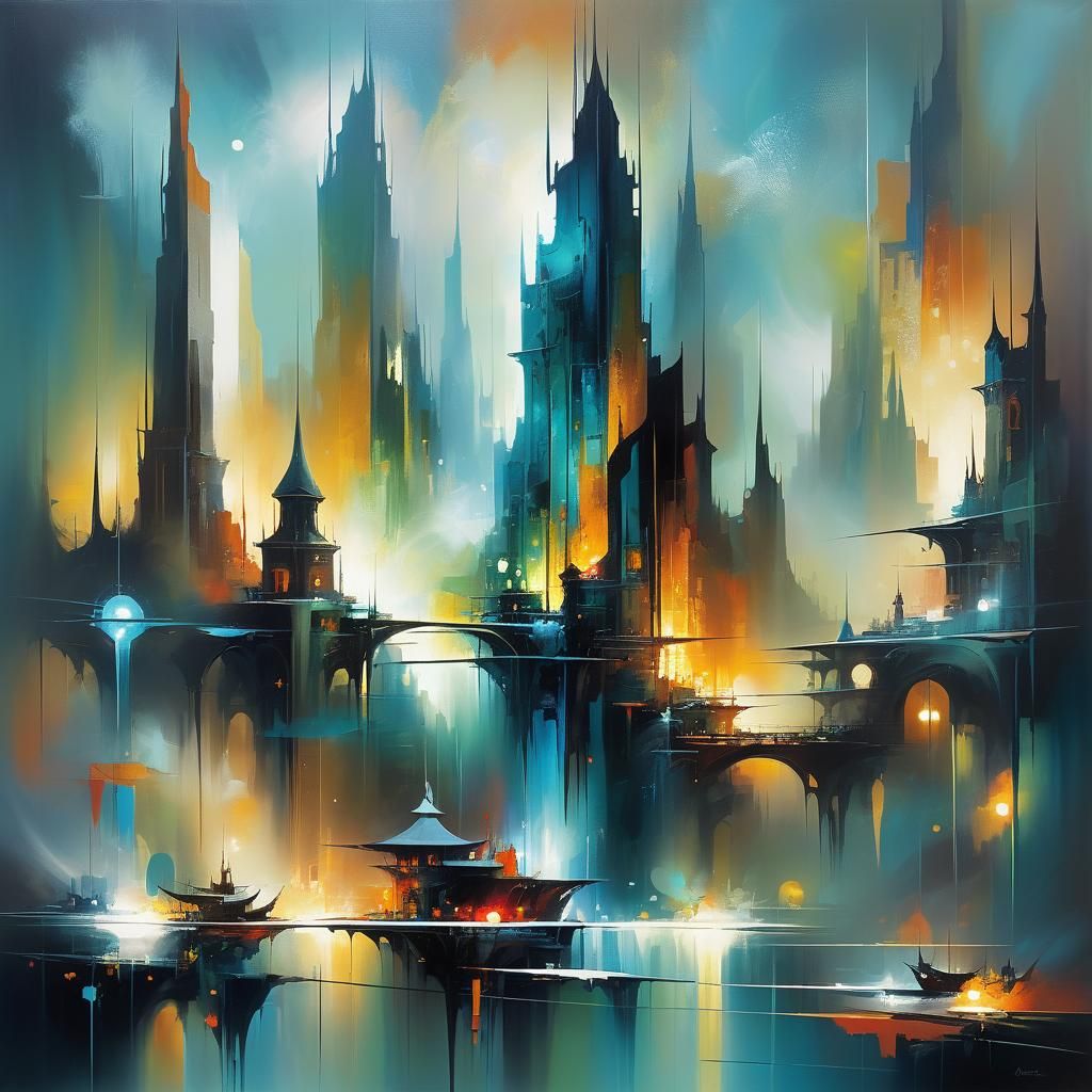 An abstract piece where light creates an otherworldly city.