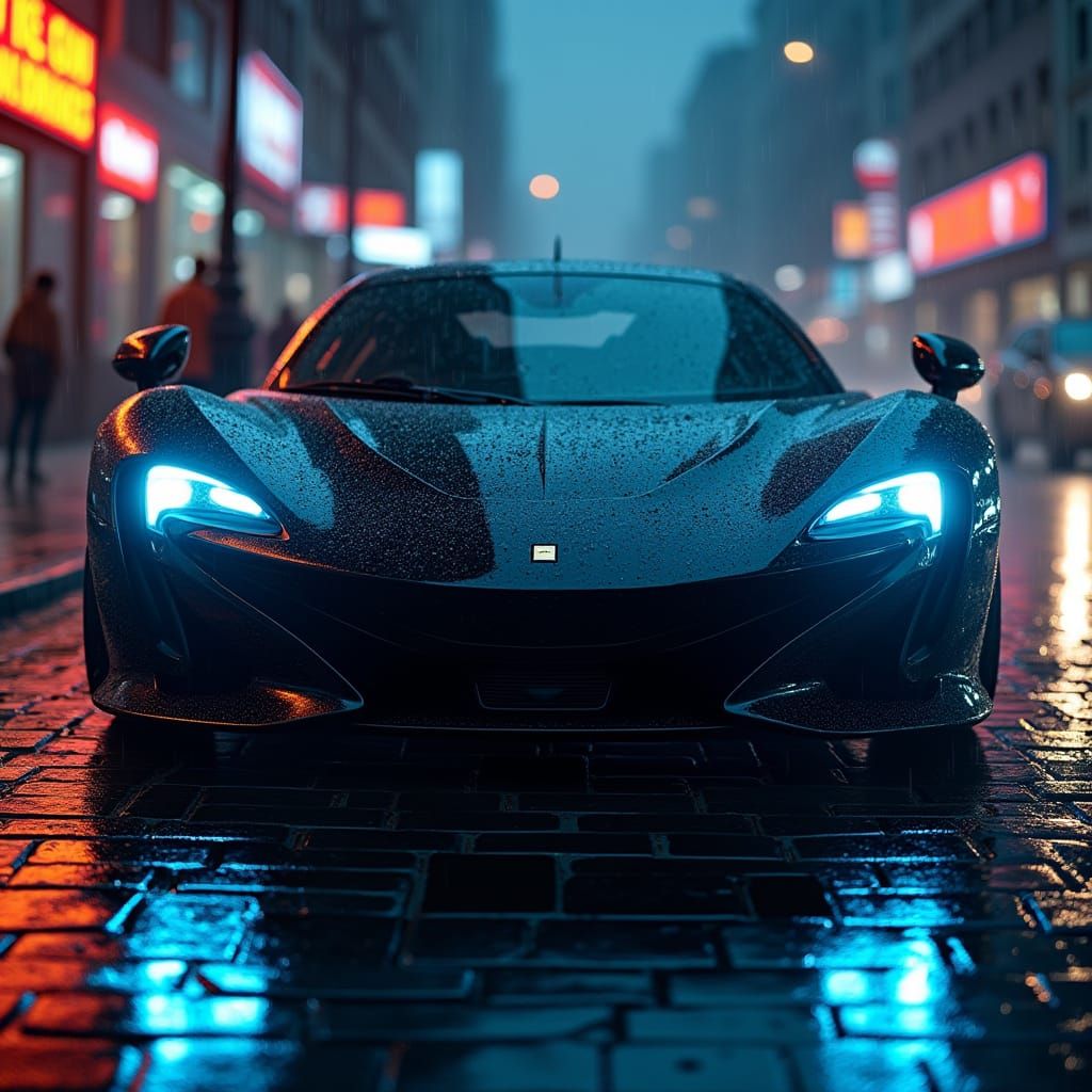 Futuristic Black Sports Car on Wet Cobblestone Street