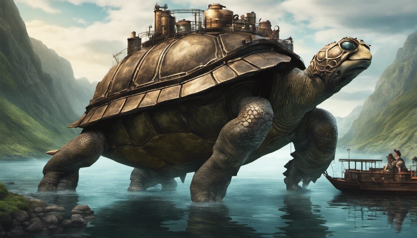 an ancient gigantic turtle is walking down a fjord