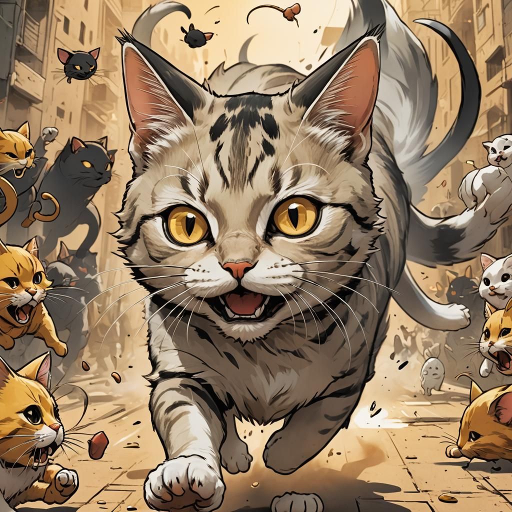 Manga Cat and Mouse Chase with Human Faces