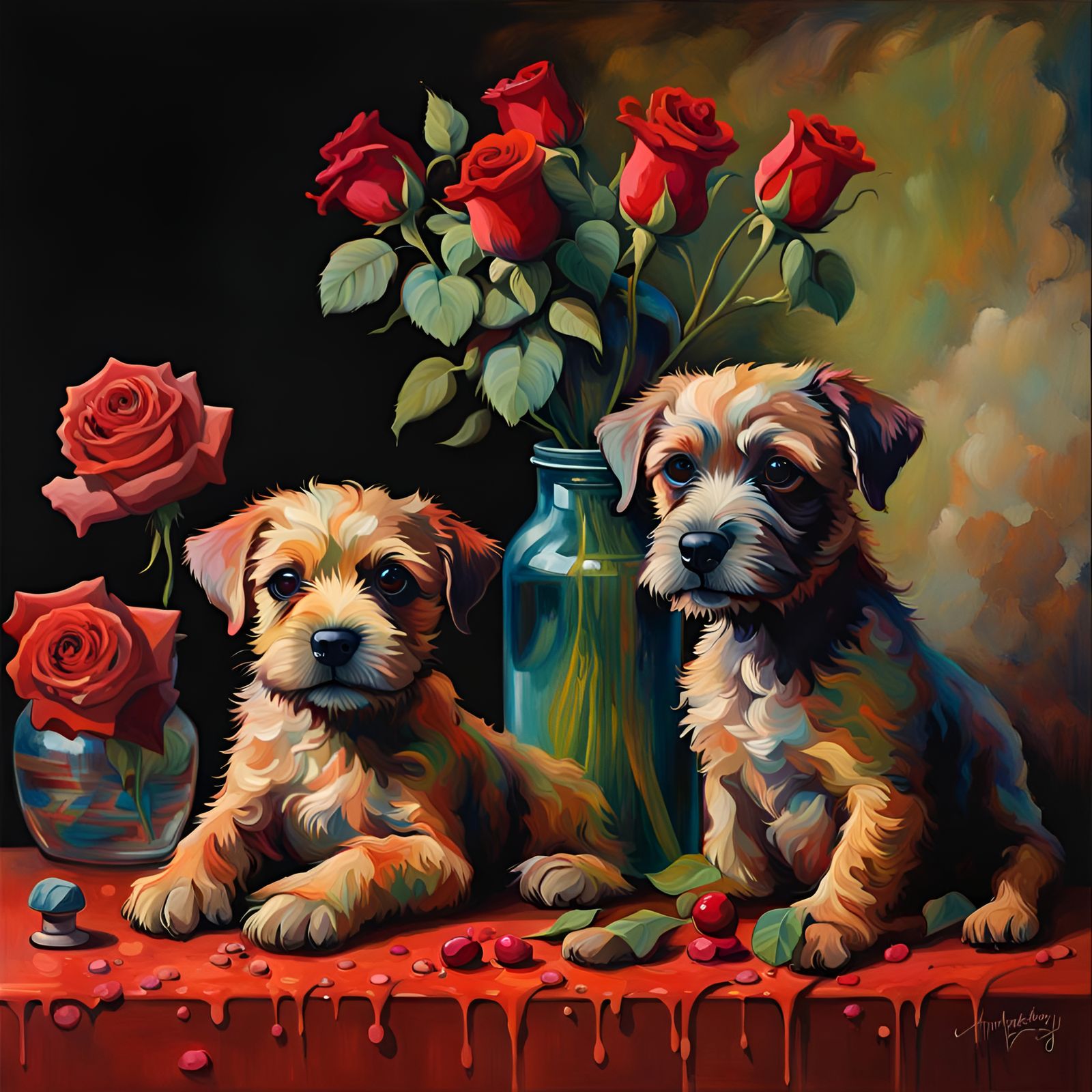 Darling Border Terrier Puppies: Captivating Still Life with Red Roses  by @Rick Towers