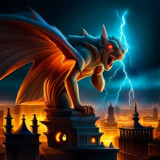 Colorful magic lightning striking an epic stone gargoyle in ...