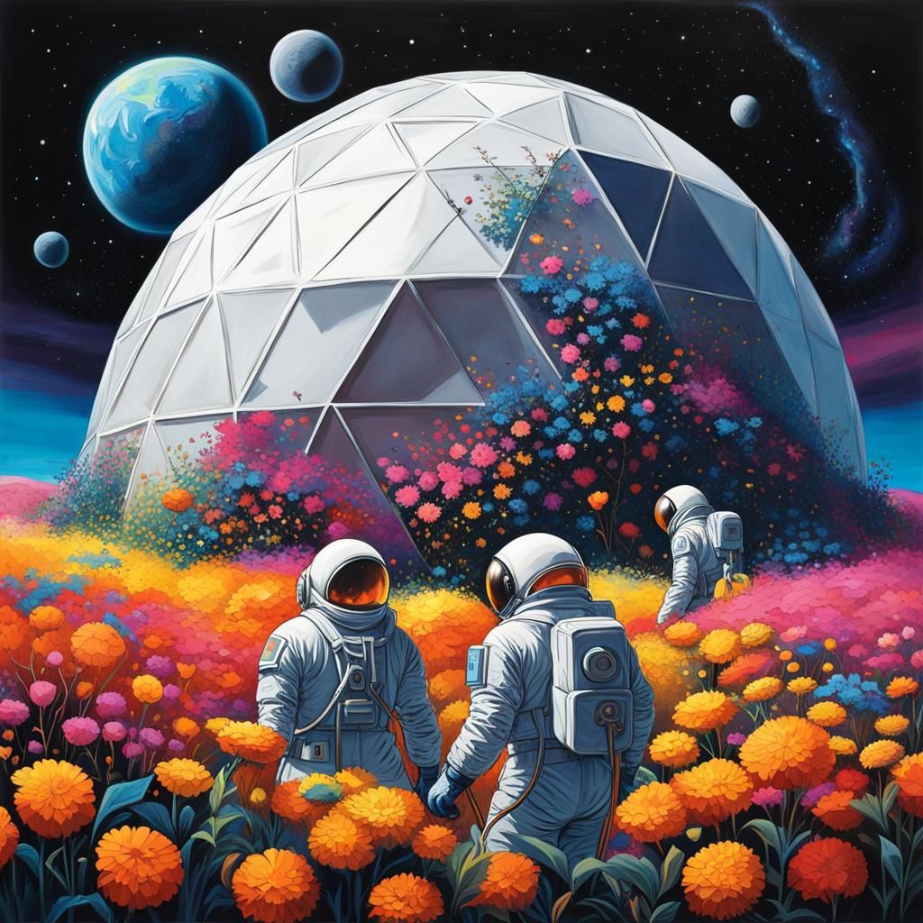 Three men in spacesuits tending to the flowers in a geodesic...