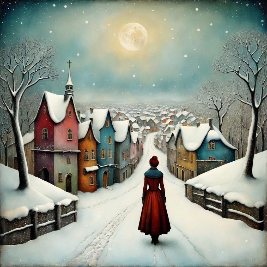 hyperdetailed Metaphysical Painting Colorful Snowy Winter Village Catrin Welz-Stein