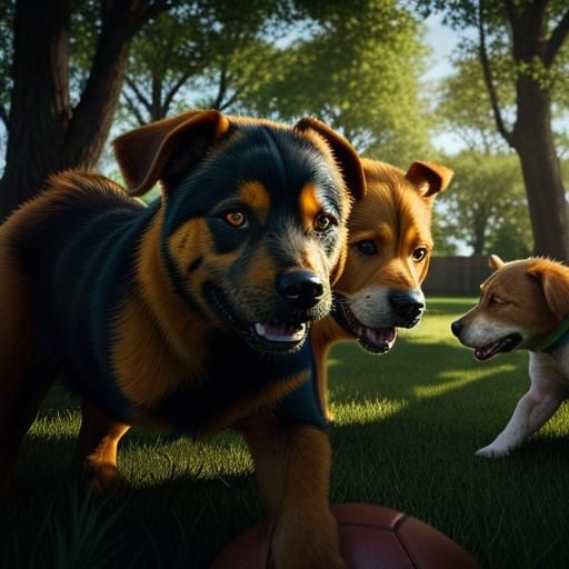 Dogs Playing Football in Park: Hyperrealistic Digital Art