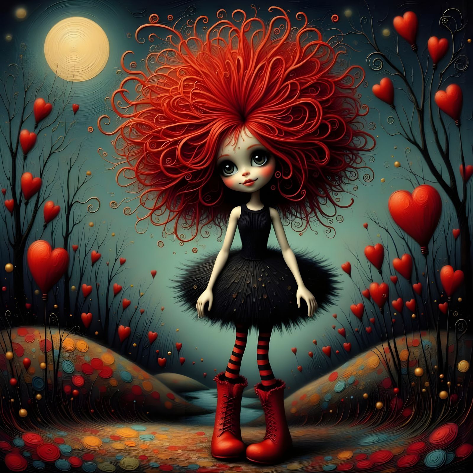 Whimsical Fashion Doll with Red Hair and Striped Leggings