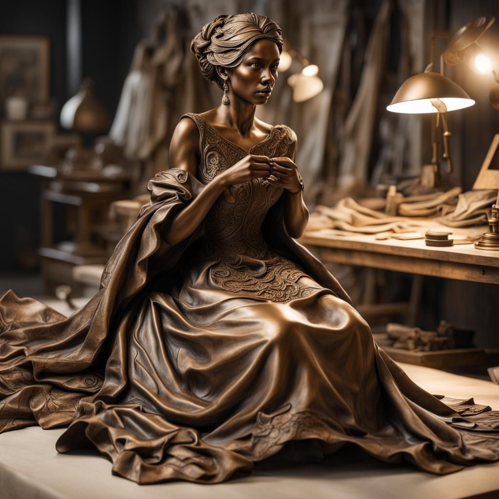 Art made from bronze, seamstress with fabric, masterpiece, studiolight, hyperdetailed, 8k  by @Netsrikfa