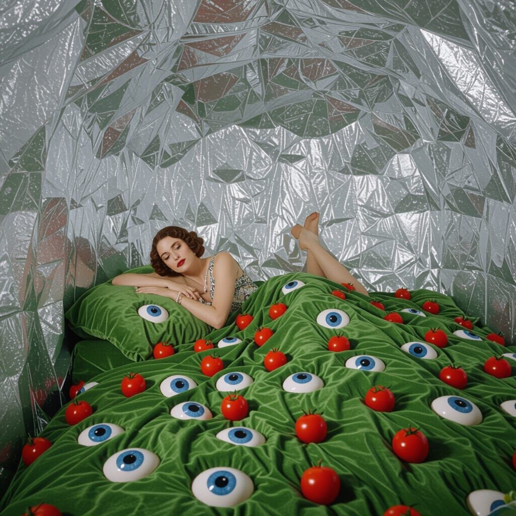 Art Deco Woman on Eyeball & Tomato Bed in Velour Cave