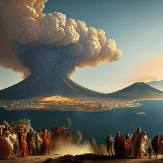 AD 79 Vesuvius erupts, a few Pompeii survivors are gathered on a ...