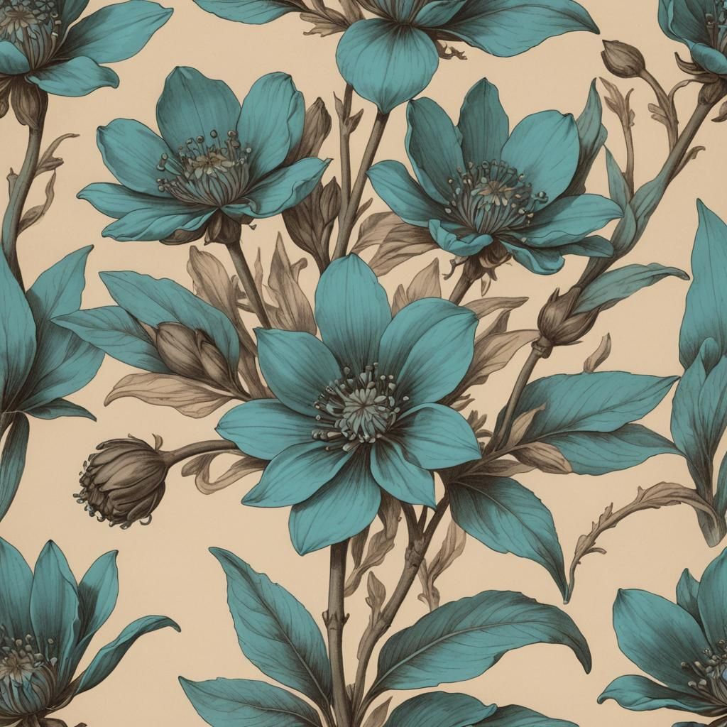 Sepia Botanical illustration of a blue flower with four lilt...