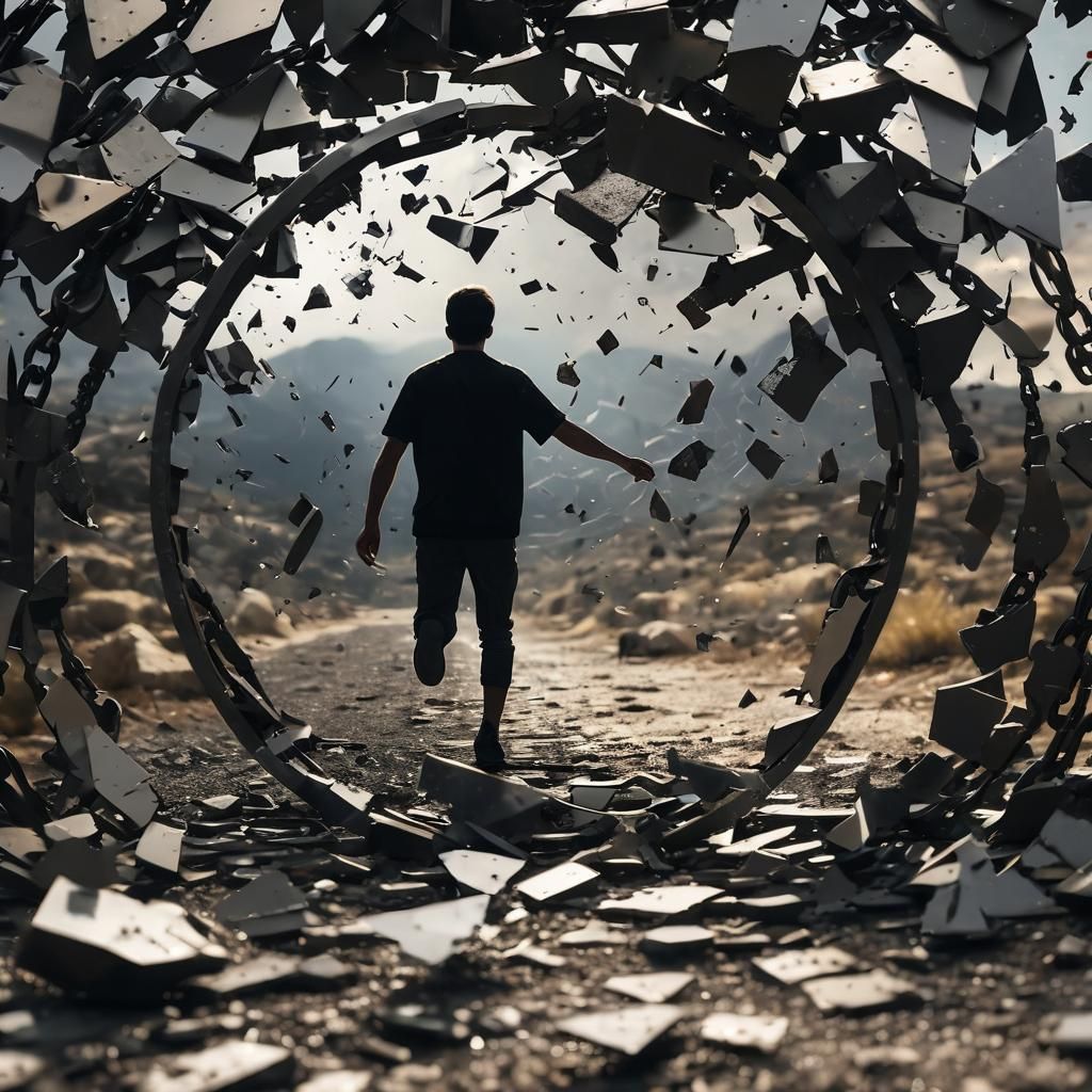 Man Breaks Chains in Hopeful Landscape