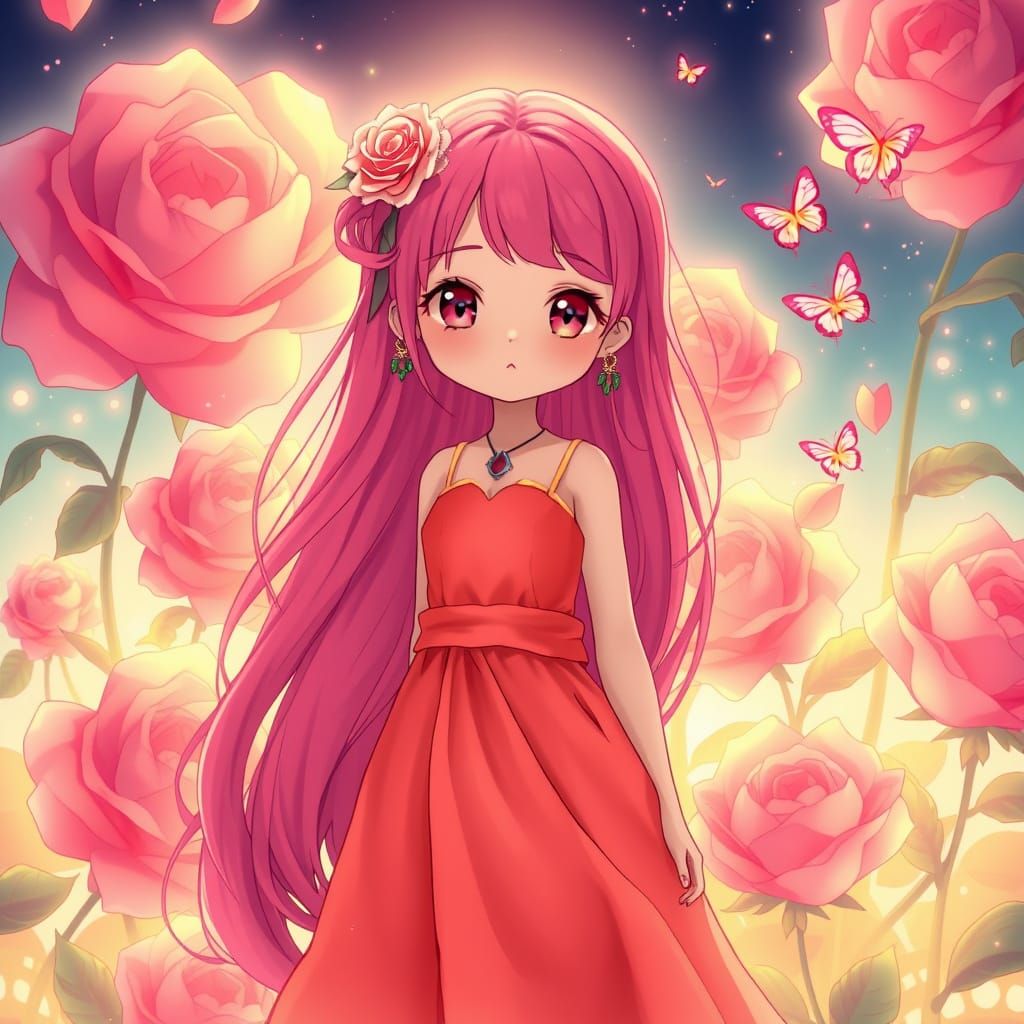 Anime Girl in Roses, Ghibli-Inspired Pop Art