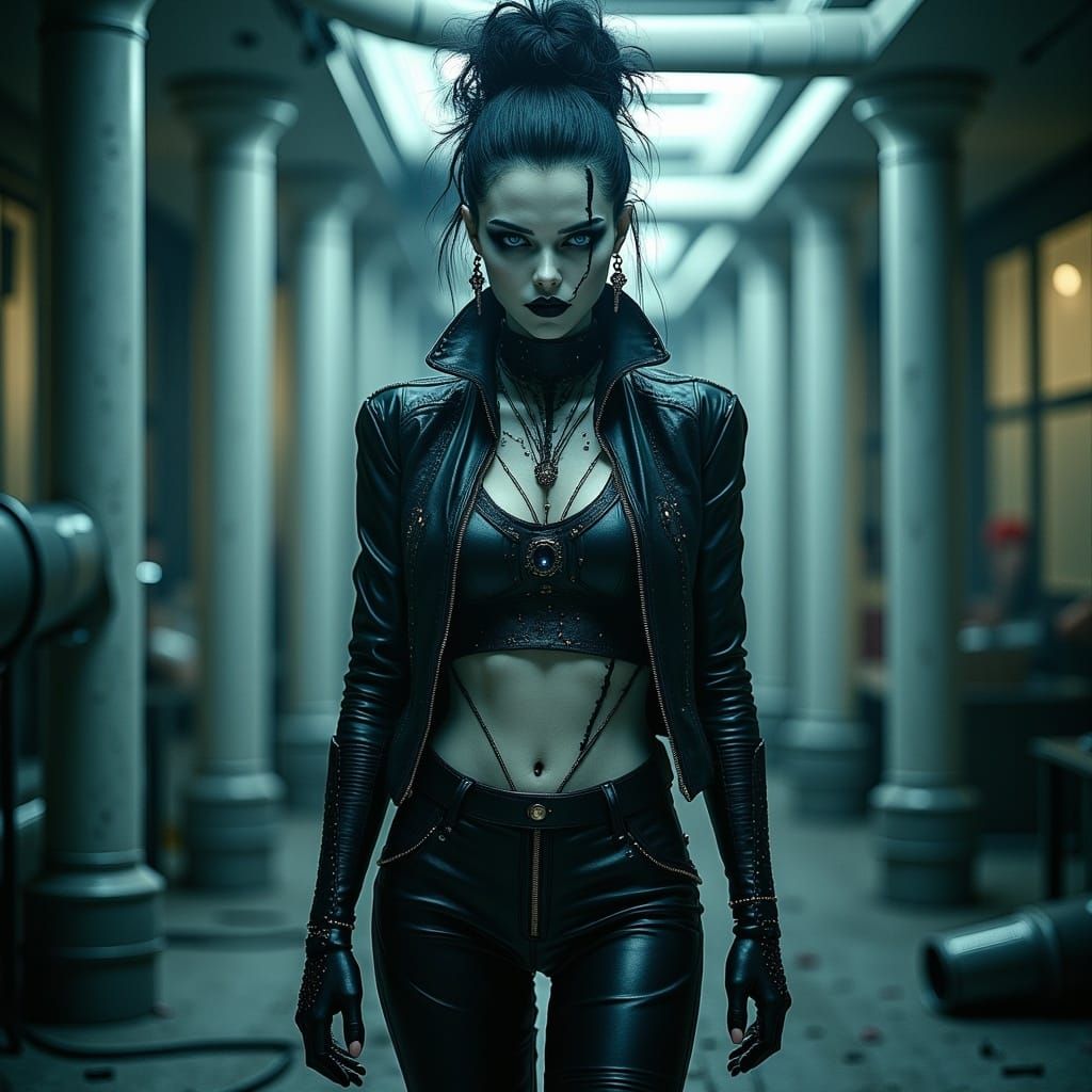 <lora:WEFx:1.0>  cyborg girl with pale skin and darkening veins mapping her arms and neck in a dimly lit industrial laboratory, beautiful an...