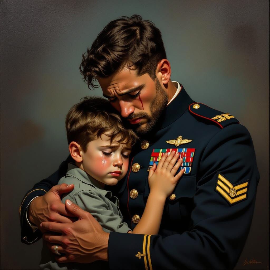 Emotional Oil Painting of Soldier Embracing Crying Child