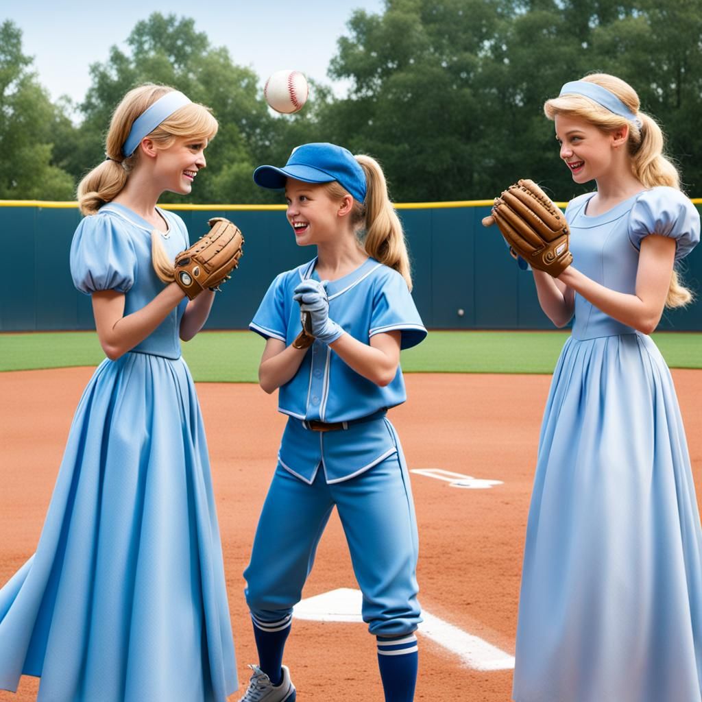 Cinderella and her step sisters playing baseball