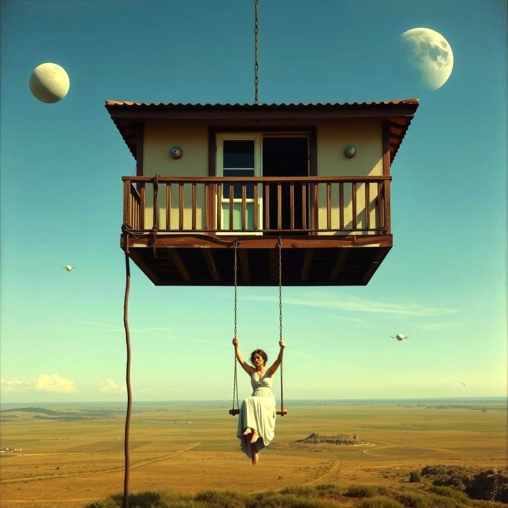Surrealistic Masterpiece: Lady on a Swing in a Dreamlike Sce...