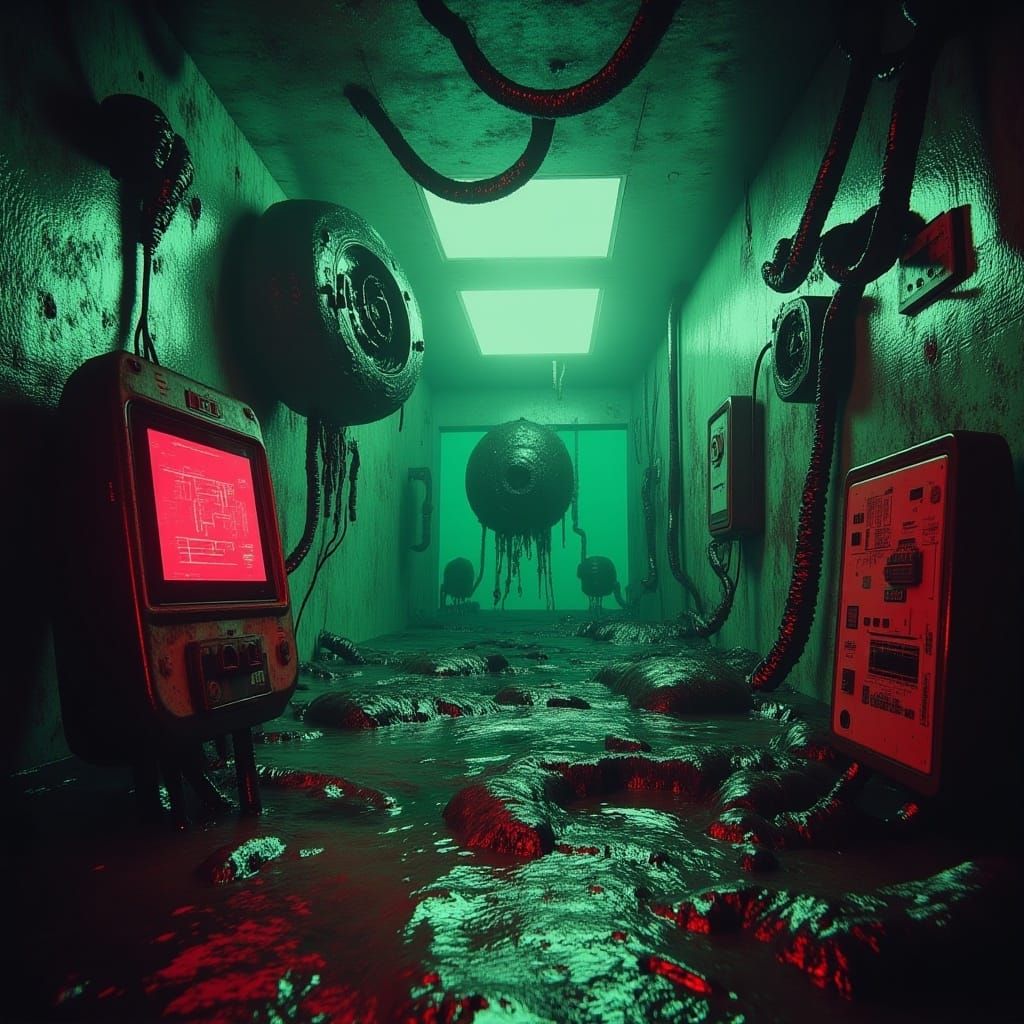 <lora:Submechanophobia v2:1.0>
80s horror movie scene: Submechanophobia aesthetic, Liminal underwater research center