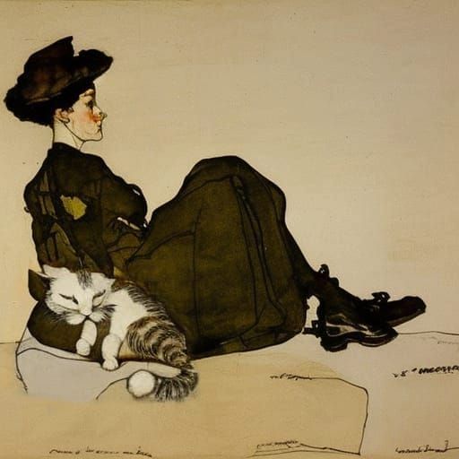 Sleeping cat with Woman inspired by Egon Schiele - AI Generated Artwork ...