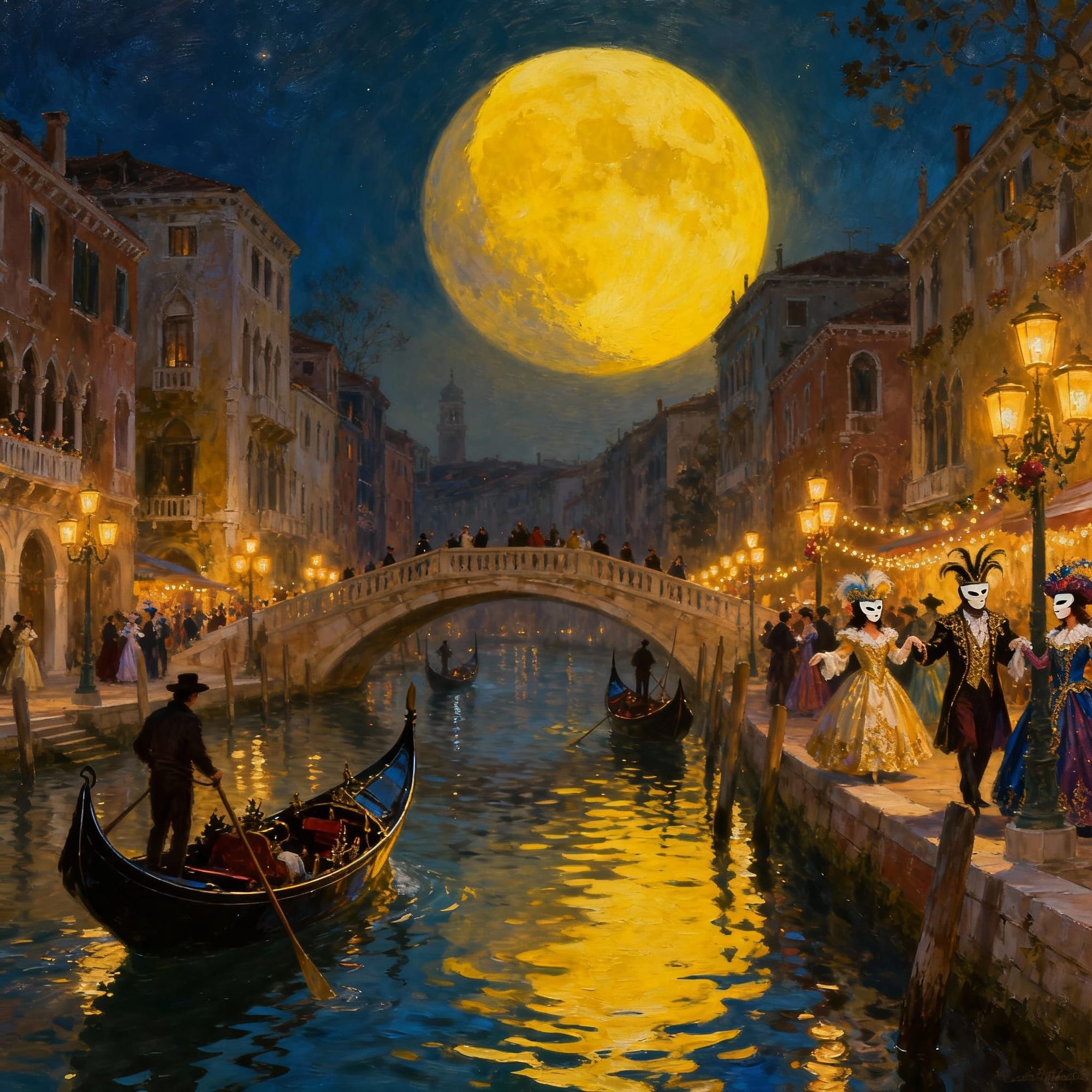 An enchanting night in Venice during the grand carnival. A huge yellow moon fills half the sky, casting a golden glow over the canals and ol...