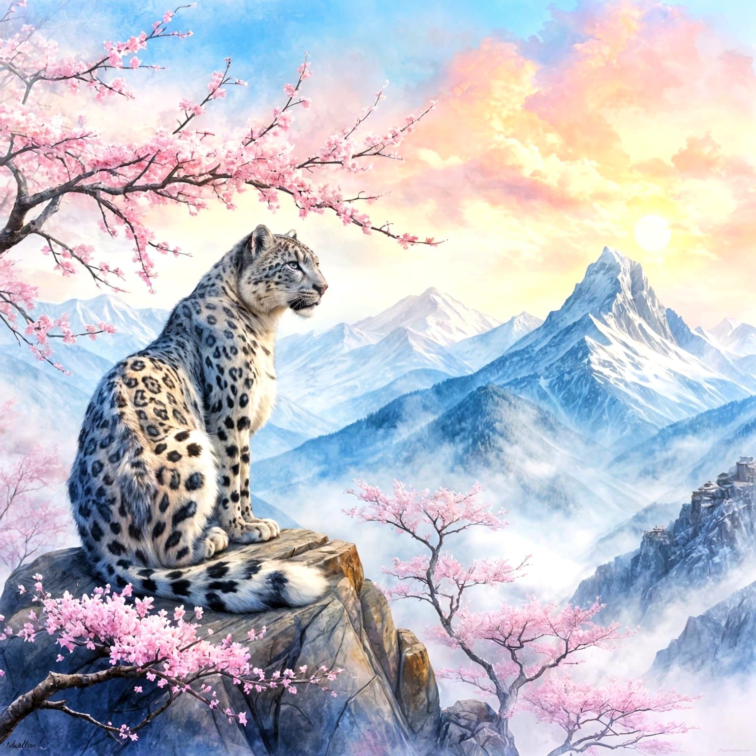 Watercolor painting. Wide shot. A snow leopard meditates serenely atop a misty mountain peak, overlooking ...  by @Peregrine Falconer