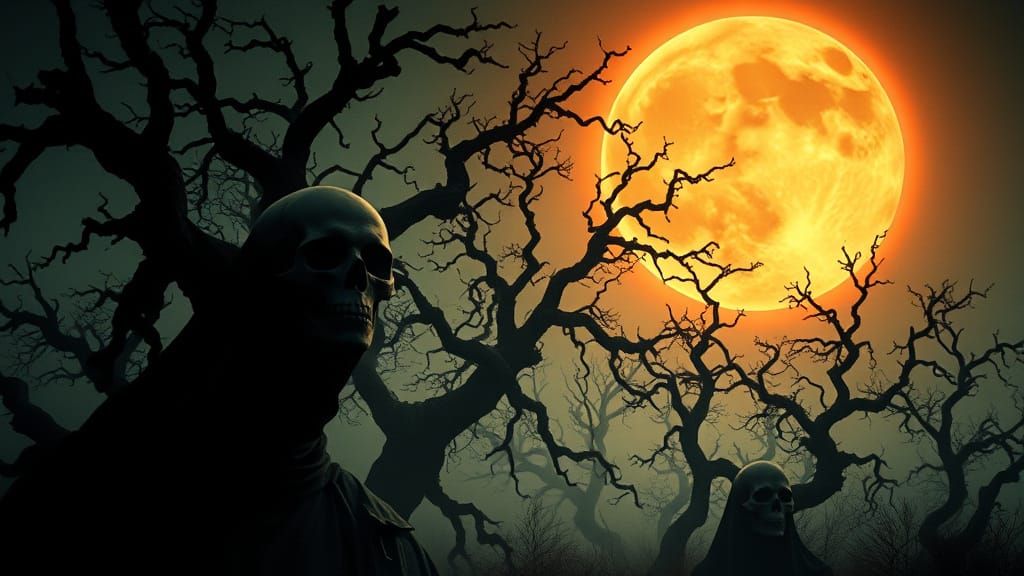 Cosmic Horror Silhouette Amidst Twisted Ancient Trees Under ...