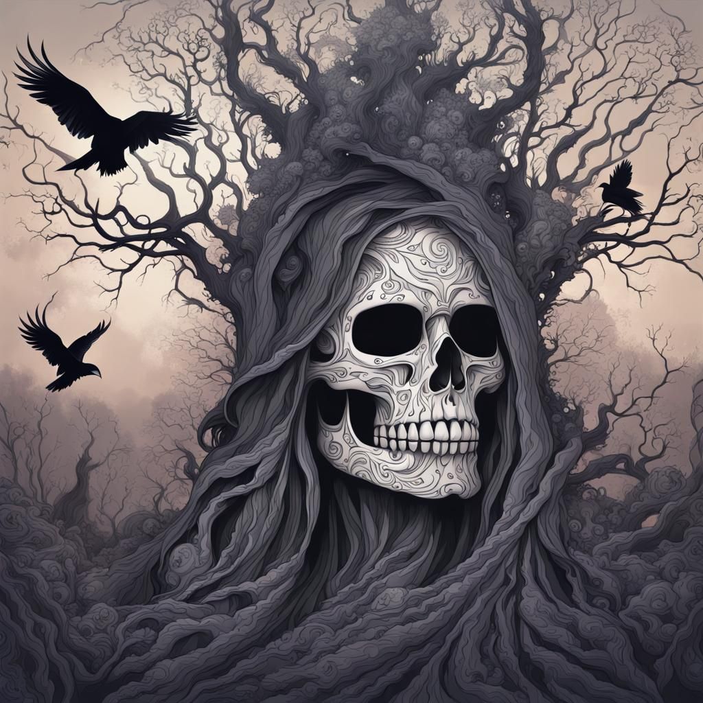 Gothic Forest Witch with Ravens in Twilight