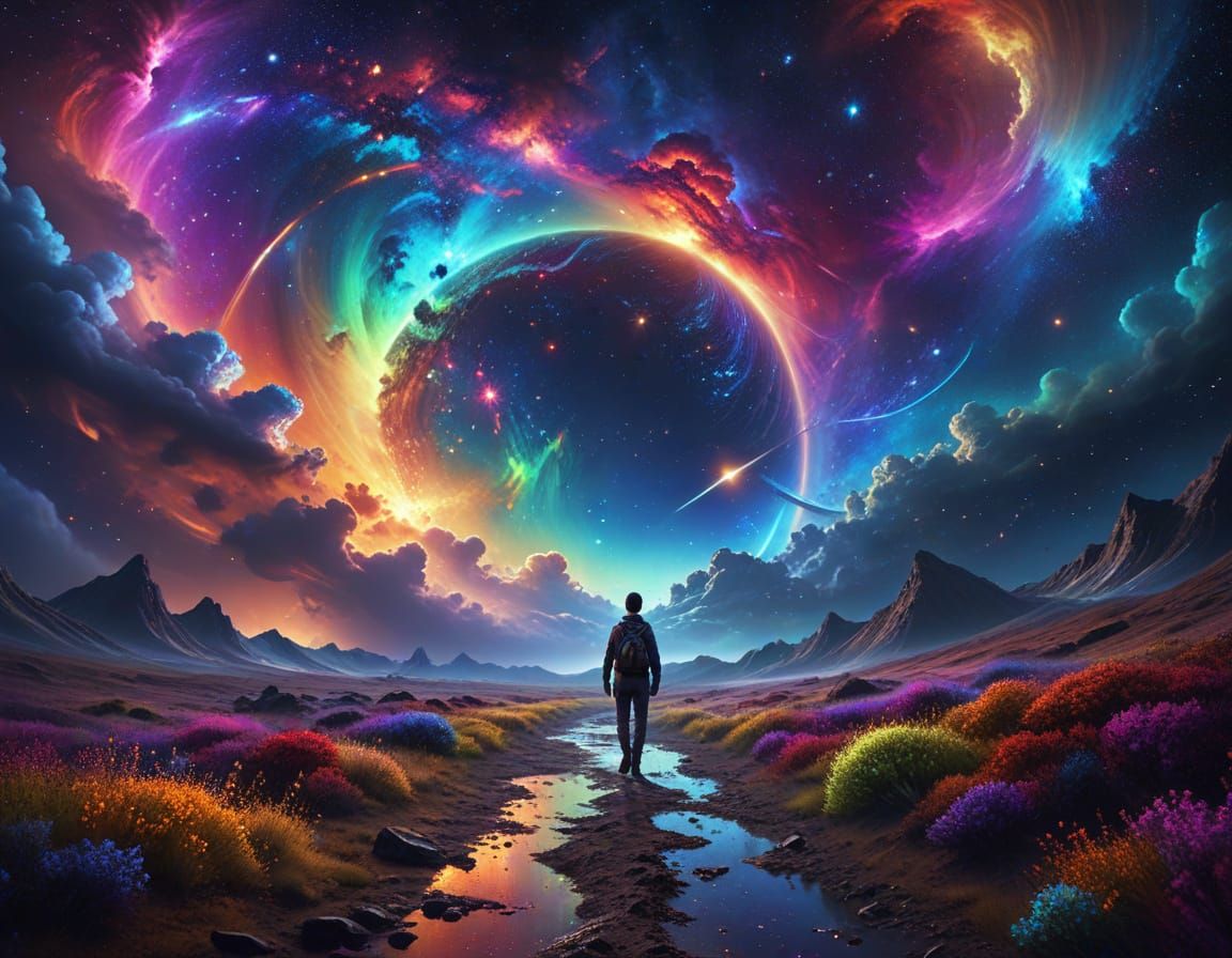 Walking down a rainbow through a galaxy of bright vibrant colors. intricate details, nebulas, planets and moons, stars, ...