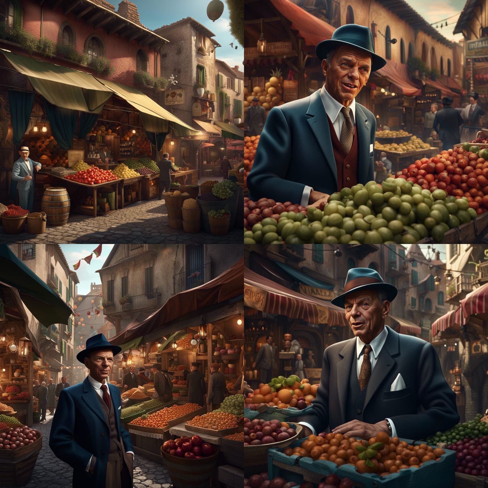 Frank Sinatra in a medevil italian market.