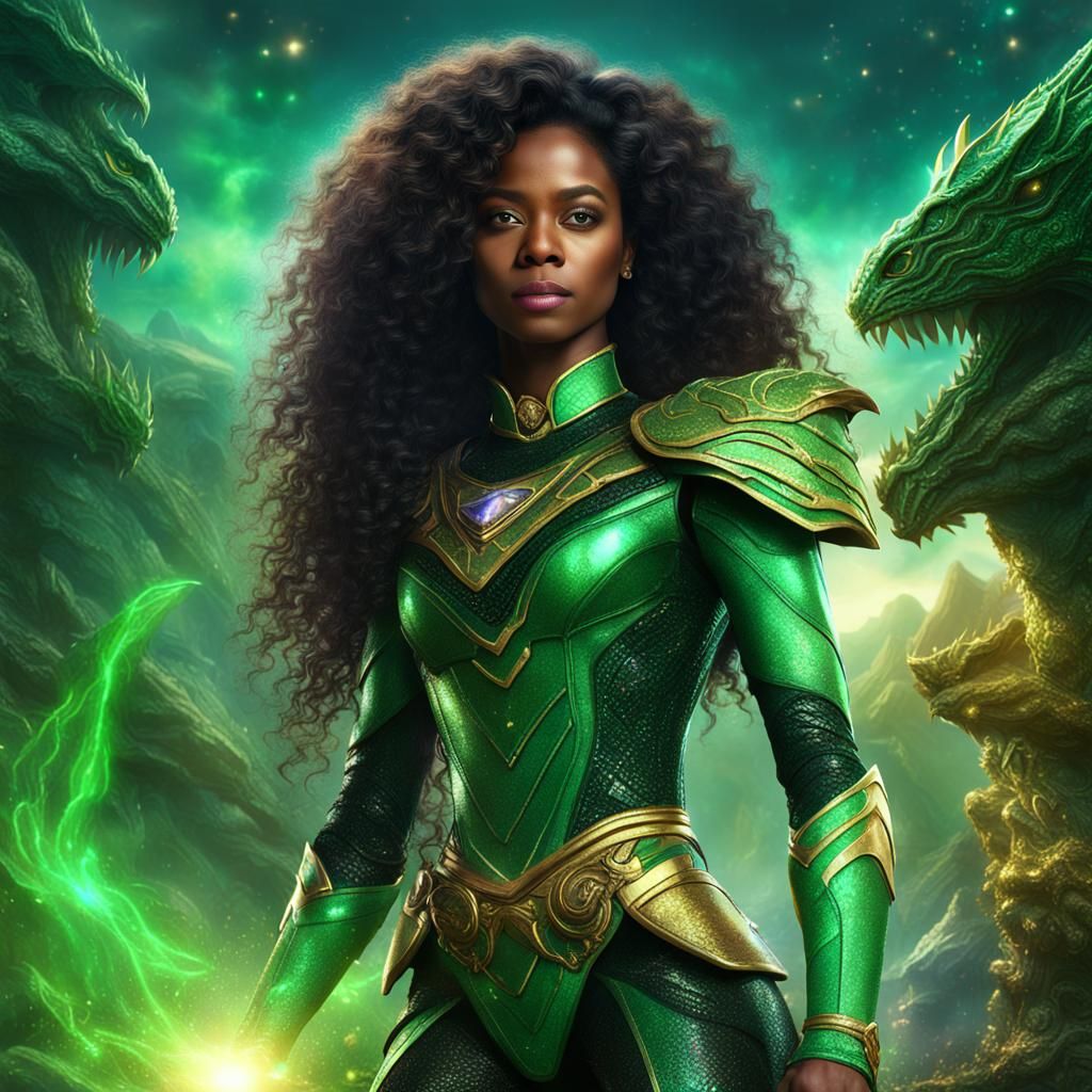 black woman with long curly hair as the green dragon gemston...