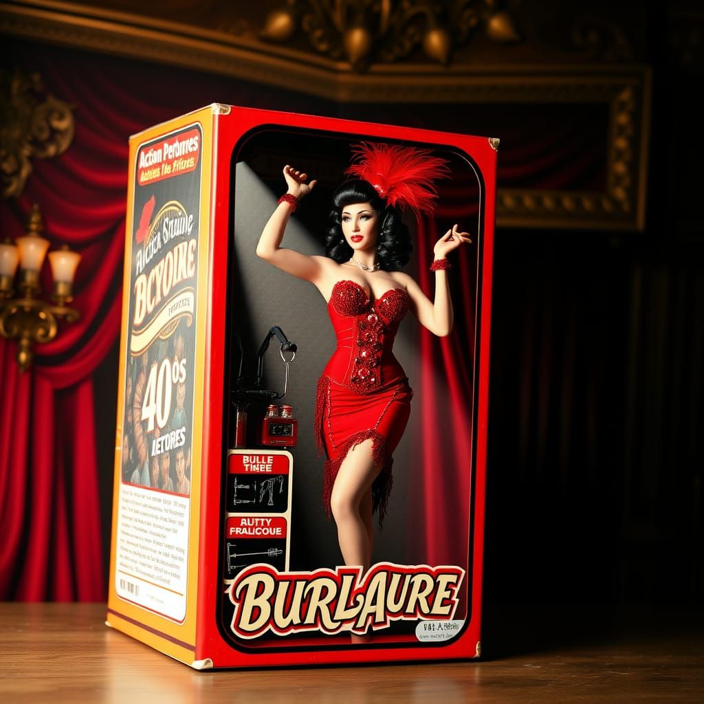 : A vintage-style action figure box featuring a stunning burlesque performer in her 40s, dressed in a ...  by @Mariaelena 