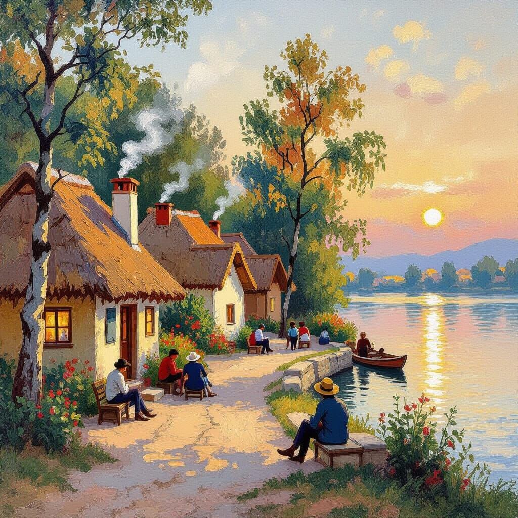 Calid town with warm and cozy huts near a lake in the wood, people outside enjoying the place waiting ...  by @Marv