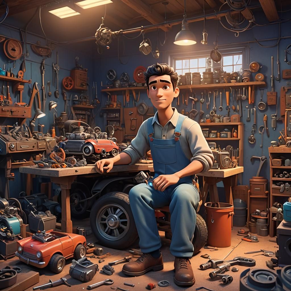 Ali in his workshop with the old car and the strange device:...
