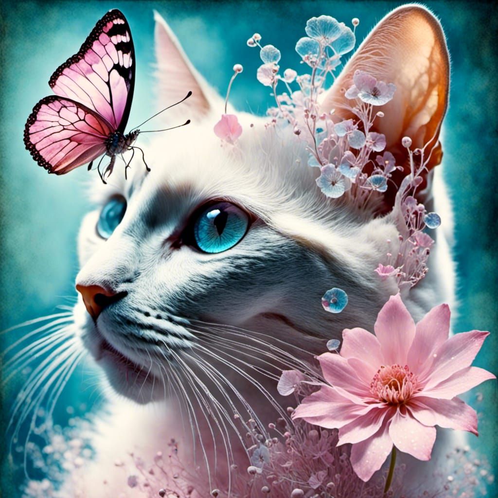 <lora:Xray:1.0> a beautiful cat in profile with a lovely (pastel pink Butterfly :1.5 perched on it's nose, pastel blue clouds, plants & flow...