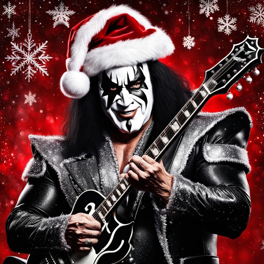 Gene Simmons from KISS as Santa Claus, Christmas background.