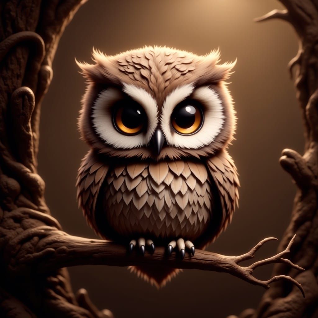 <lora:Flux Chibi:1.0> A hyper-realistic digital artwork of an adorable cute friendly chibi owl sitting on a branch, looking directly at the...