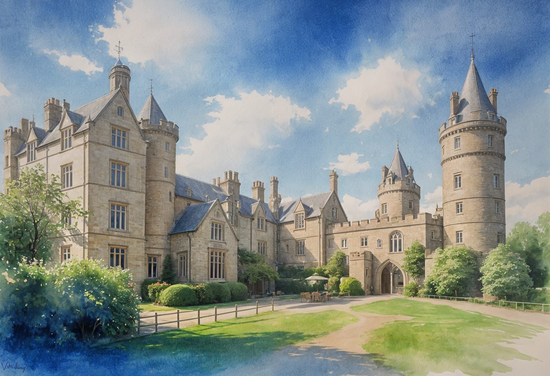Watercolour painting of Horsley Towers with clear blue skies. Vignette fade to white