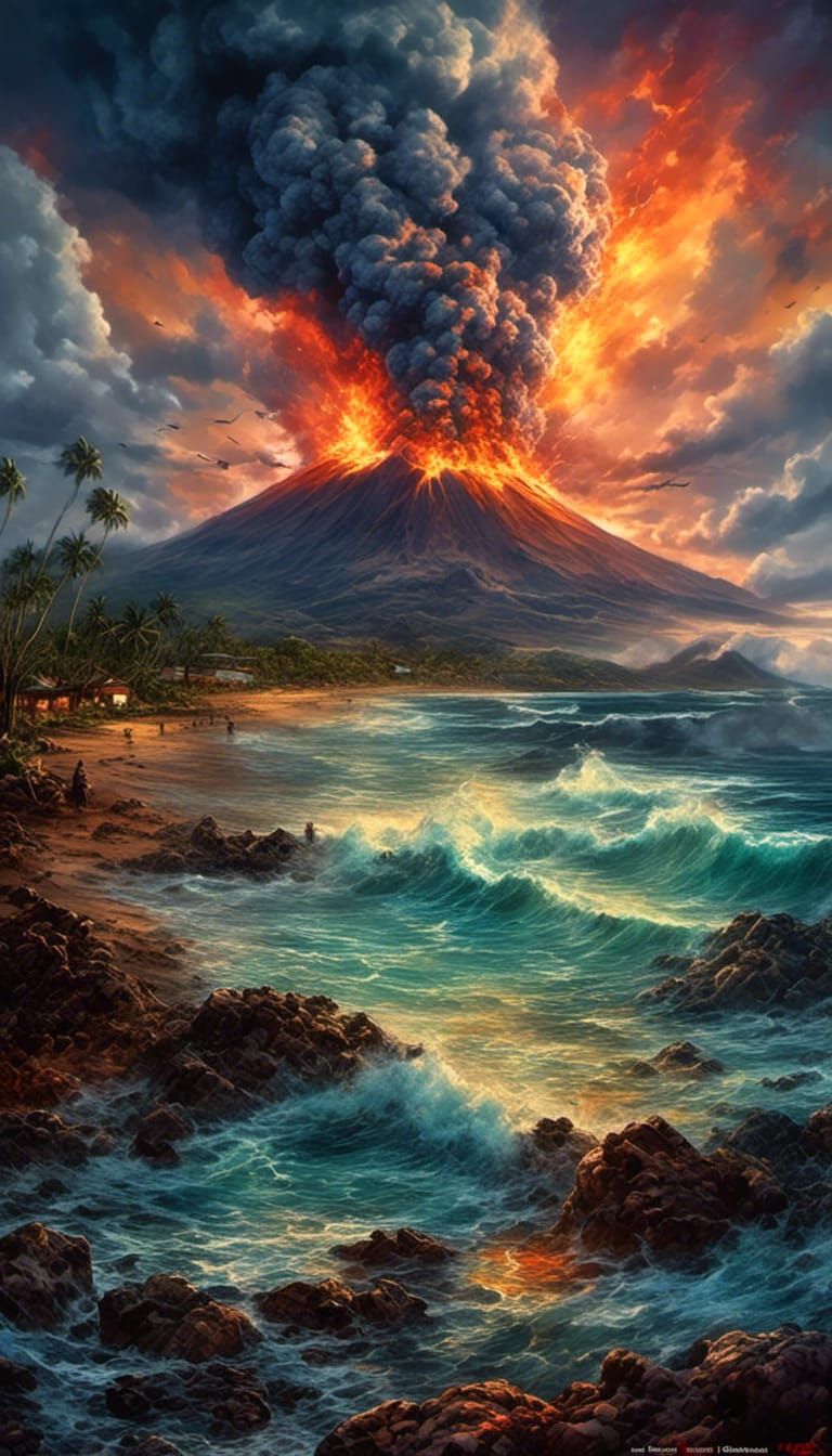 <lora:Naturallandscape:1.0> <lora:Illustration:1.0>   a Hawaiian (volcano violent exploding in the horizon ...  by @Mapleaf100color