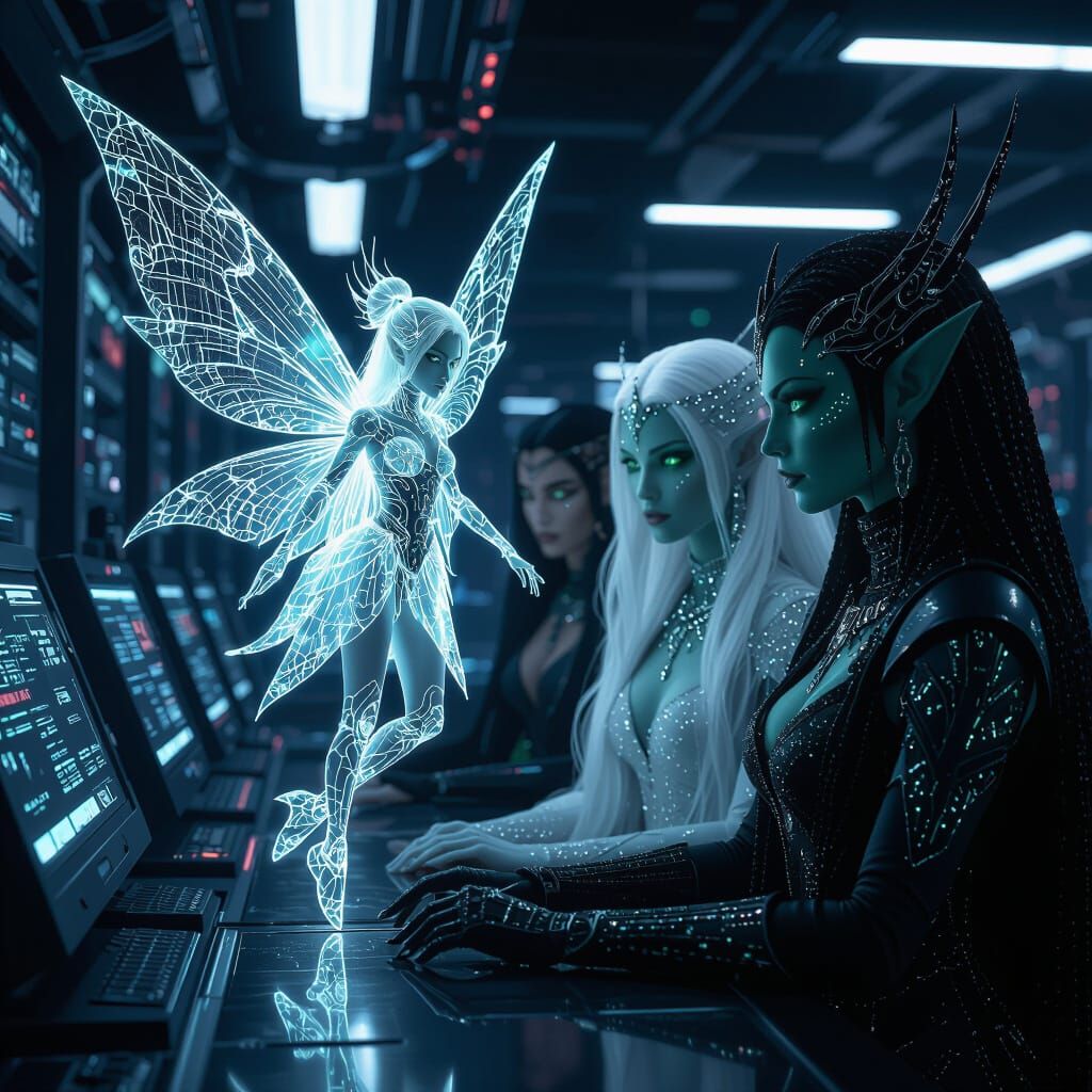A fairy made of living circuitry and microchips, with wings of etched glass and a shimmering, bioluminescent ...  by @SirGayle