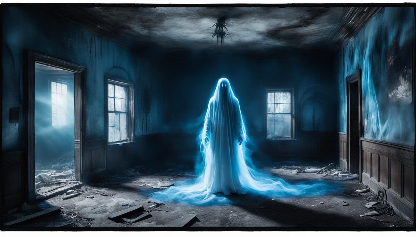 a conceptual schematic of a photo of a ghost walking, translucent aura ...